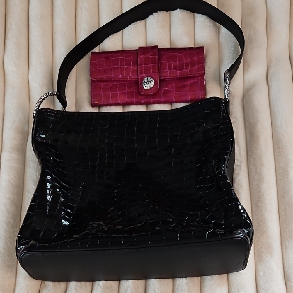 Brighton Black Patent  Crocodile-Embossed Shoulder Bag with Pink Wallet